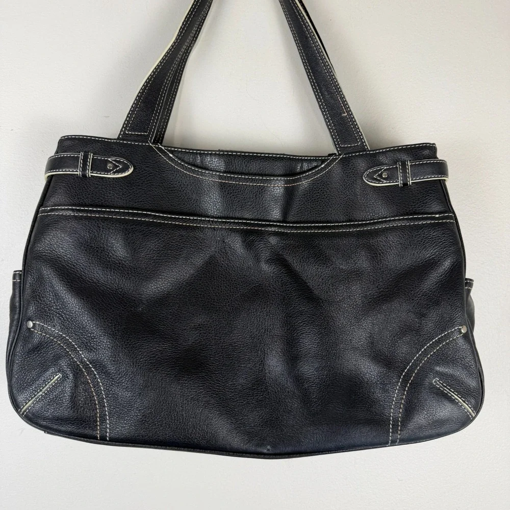 Franklin Covey Handbags Women's Black Grain Leather Contrast Stitch Flower Charm